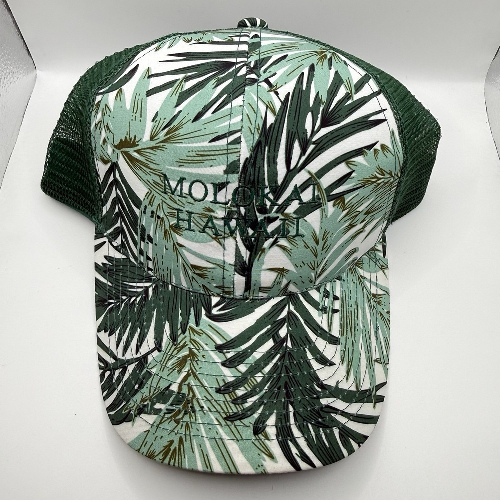 Molokai Hawaii Trucker Hat Green Tropical Leaf Snapback Mesh Cap Cappelli OSFM - Picture 13 of 14